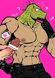 1boy 2boys ? ?? animal_head bara caiman_(dorohedoro) censored climaxmukr cowboy_shot curious dorohedoro erection gas_mask green_scales heart kaiman large_pectorals looking_at_penis male_focus male_only mars_symbol mask multiple_boys muscular muscular_male nipples oerba_yun_fang pants pectorals penis profile reptile_boy sideways_glance skin_fang solo_focus spoken_heart spoken_mars_symbol yaoi