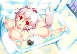 :o animal_ears ass bath bathing bathroom bathtub blush breasts bubble feet female from_above hat large_breasts looking_at_viewer momiji_inubashiri nipples nude open_mouth red_eyes rubber_duck short_hair silver_hair solo tail toes tokin_hat touhou water wolf_ears wolf_tail yanagi_yuu