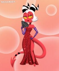 crossdressing crossgender dress femboy helluva_boss horns jessica_rabbit_(cosplay) makeup moxxie_(helluva_boss) no_humans non-human non-human_only red_dress succucrazy tail yellow_eyes