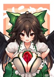 1girls absurd_res ahoge artist_name between_breasts black_wings blush bra breasts breasts_out breasts_pressed_together brown_hair cape collared_shirt feathered_wings green_bow green_skirt hairbow hand_on_own_chest hand_under_breasts hira-san huge_breasts long_hair looking_at_viewer open_mouth open_shirt red_eyes smile solo solo_focus third_eye touhou utsuho_reiuji very_long_hair white_bra white_shirt