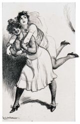 1910s 2girls arm_grab assisted_spanking birching dolly_morton dress_lift high_heels literature louis_malteste monochrome piggyback public_domain restrained spanking stockings the_memoirs_of_dolly_morton thighhighs traditional_media_(artwork) vintage