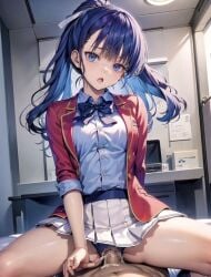 1boy1girl ai_generated ai_hands amikura_mako anal_sex blue_eyes blue_ribbon blue_shirt censored_penis classroom_of_the_elite creampie cum_in_pussy looking_at_viewer open_mouth purple_hair red_blazer reverse_cowgirl_position school_uniform schoolgirl spreading_legs vaginal_penetration watanabe_norihito white_hair_ribbon white_skirt youkoso_jitsuryoku_shijou_shugi_no_kyoushitsu_e