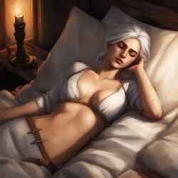 1girls 2d 2d_(artwork) abdomen ai_generated artist_request athletic_female bed bedroom belly belt belt_buckle big_breasts bra breasts candle candlelight cd_projekt_red ciri cleavage clothed clothed_female collarbone covered_breasts crop_top digital_drawing_(artwork) digital_media_(artwork) hourglass_figure midriff pale-skinned_female pale_skin pillow sheets short_sleeves sleeping solo solo_female solo_focus stomach tagme the_witcher_(series) the_witcher_3:_wild_hunt white_hair