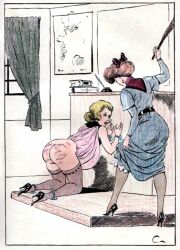 1930s 2girls ass birching bondage carlo_(artist) classroom femdom kneeling multiple_girls spanking stockings thighhighs traditional_media_(artwork) vintage whip_marks