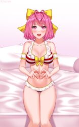 1girls bedsheets bikini blush breasts female female_focus female_only hair_ribbon hand_heart heart heart-shaped_pupils heart_eyes heart_shape kami_nomi_zo_shiru_sekai large_breasts looking_at_viewer nakagawa_kanon open_mouth pillow pink_eyes pink_hair roychan_art solo solo_female striped_bikini striped_swimsuit swimsuit yellow_ribbon