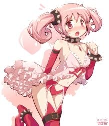 1girls babydoll blush breasts chauke cleavage collar female frills garter_belt garter_straps gloves hair_ornament jewelry madoka_kaname magical_girl mahou_shoujo_madoka_magica navel open_mouth panties pink_eyes pink_hair puella_magi_madoka_magica red_legwear red_panties solo solo_female solo_focus thighhighs twintails underwear