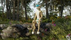 16:9 3d 3d_(artwork) 4k absurd_res animal_genitalia anthro balls blue_body blue_fur casual_nudity cheetah cliff english_text felid feline flower forest forest_background fully_sheathed fur genitals grass hi_res ledge male mammal nature nature_background nude outside penis penis_tip plant rock sheath sitting sitting_on_ground solo solo_focus somesnowleopard spots spotted_body spotted_fur text tree widescreen yellow_body