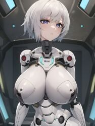 ai ai_generated armor big_breasts blue_eyes buttons curious futuristic ponceai purple_eyes robot robot_girl robot_humanoid robot_joints robotic robotic_arm short_hair silver_hair twitter_username white_armor white_hair