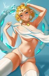 blonde_hair blue_eyes earrings female horns jewelry leggings navel nintendo no_bra pointy_ears princess_zelda ring scarf short_hair tears_of_the_kingdom the_legend_of_zelda the_legend_of_zelda:_tears_of_the_kingdom topless ultrabinou zelda_(tears_of_the_kingdom)