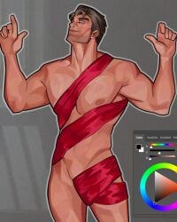 almost_naked arcane arcane_jayce armpit_hair armpits arms_up closed_eyes erection erection_under_clothes erection_under_clothing erection_under_loincloth jayce_talis league_of_legends male male_focus male_only meme meme_reference nude_guy_wrapped_in_ribbons_standing_(meme) plac1dom pubes pubic_hair ribbon wrapped wrapped_up