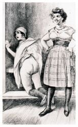 1910s 2girls ass birch birching dress_up femdom imminent_spanking kneeling lezdom literature louis_malteste monochrome public_domain spanking the_memoirs_of_dolly_morton traditional_media_(artwork) vintage