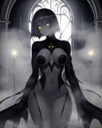 ai_generated church fog foggy foggy_background ghost ghost_girl ghostly nun original_character short_hair short_hair_female two_tone_hair yellow_eyes