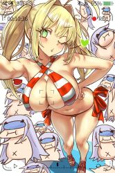 2girls armpits bikini blonde_hair breasts chibi cleavage ebora fate/grand_order fate_(series) female hi_res hips huge_breasts light-skinned_female light_skin long_hair melusine_(fate) naughty_face nero_claudius_(fate) nero_claudius_(swimsuit_caster) smile striped_bikini thick_thighs thighs wide_hips youngmanisdown