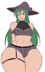 1boy big_hips booty_shorts bulge bulge_through_clothing crop_top crossdressing femboy girly green_(original) green_hair hat long_hair male male_only momiji_(artist) original plump_thighs red_eyes solo tagme thick_thighs trap wide_hips witch witch_costume witch_hat