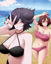 beach female_only karmavt large_breasts latam_virtual_youtuber neffario owozu peace_sign rakkun swimsuit v virtual_youtuber vtuber vtuberfanart