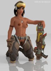 3d abs alternate_costume black_eyes black_hair blender breasts dark-skinned_female dark_skin female helmet kneeling looking_at_viewer medium_breasts military_uniform muscular_female overwatch overwatch_2 overwatch_archives pharah pharah-best-girl pubic_hair pussy rocket_launcher security_chief_pharah