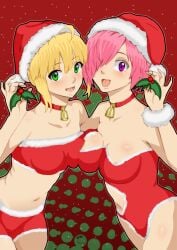 christmas christmas_outfit color fate/grand_order fate_(series) huge_breasts leotard mash_kyrielight mikleodeus nanahime pressing_breasts_together saber