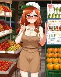 ai_generated blush blushing blushing_at_viewer brown_eyes fruit fruit_stand fruits ginger_hair glasses long_hair original_character smile smiling smiling_at_viewer