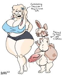 2022 anthro aroused big_breasts big_penis blush bodily_fluids bow_ribbon breasts camel_toe cinna_(arcadebunni) cleavage clothed clothing collar domestic_rabbit drooling duo dwarf_rabbit female flemish_giant floppy_ears genital_fluids genitals hi_res huge_cock humanoid_genitalia hyper hyper_genitalia hyper_penis lagomorph larger_female leaking_precum leporid loop_(arcadebunni) lop_ears male male/female mammal nude_male oryctolagus penis precum rabbit saliva simple_background size_difference slightly_chubby small_but_hung smaller_male thick_thighs vein veiny_penis white_background yuckyalternate