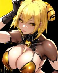 ai_generated cleavage hand_on_head honey honey_bee original_character queen_bee yellow_eyes yellow_hair