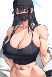 1girls 2023 2d 2d_(artwork) abs arius_satellite_school_student arius_squad_(blue_archive) athletic athletic_female baseball_cap bicep big_breasts black_hair blue_archive blue_eyes blue_hair breasts cleavage cromwellb face_mask female female_only fit_female halo hat hi_res highres hips hoodie_removed large_breasts looking_at_viewer mask masked masked_female multicolored_hair muscular muscular_female navel nipple_bulge saori_(blue_archive) solo solo_female sweat sweatdrop sweating sweaty toned_female toned_stomach white_background wide_hips