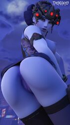 1girls 3d absurdres alternate_costume areolae ass black_lily_widowmaker blender breasts dat_ass female female_only highres looking_at_viewer looking_back nipples overwatch pussy solo thighhighs thordayo widowmaker