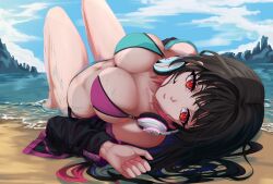 beach hana_yomeguri headphones large_breasts long_hair manasenshou swimsuit virtual_youtuber