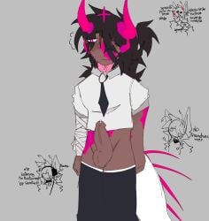 bandaged_arm brown_hair collar dark_skin doodle embarrassed gray_background horns humanized kok0ro long_hair long_socks no_pants one_eye_covered penis_out phighting pink_collar pink_eyes roblox roblox_game shirt shirt_collar socks spikes standing straight submissive_male subspace_(phighting) sweat tail