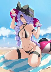 1girls beach beach_ball beach_hat black_bikini blush era_(omega_strikers) omega_strikers purple_hair tagme tsunnai