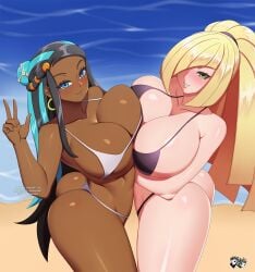 2girls alternate_breast_size ass beach bikini blonde_hair blue_eyes blue_hair breast_press breasts brown_skin chocolate_and_vanilla commission dark-skinned_female dark_blue_hair dark_skin female female_only game_freak green_eyes hair_over_one_eye hi_res hips huge_breasts human jadenkaiba lesbian light-skinned_female light_skin long_hair looking_at_viewer lusamine_(pokemon) mature_female milf mother multiple_girls nessa_(pokemon) nintendo outdoors pokemon pokemon_sm pokemon_ss thick_thighs thighs two_tone_hair wide_hips