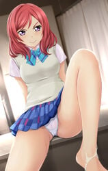 barefoot blue_bow blush bow cameltoe commentary_request cum cum_on_body cum_on_feet cum_on_lower_body feet female looking_at_viewer love_live! love_live!_school_idol_project nishikino_maki nonaka_ritsu panties pleated_skirt purple_eyes red_hair school_uniform short_sleeves skirt smug solo sweat sweater_vest underwear