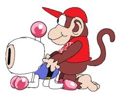 2boys all_fours bomberman cap clothed clothed_sex diddy_kong donkey_kong_(series) from_behind konami monkey nintendo no_visible_genitalia non-human partially_clothed shitpost toony white_bomber white_bomberman yaoi