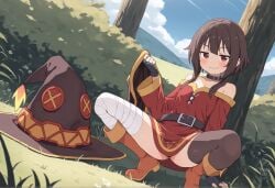 1girls ai_generated brown_hair choker cloud clouds crouched crouching crouching_female female female_focus female_only grass hat hat_only hat_removed kono_subarashii_sekai_ni_shukufuku_wo! konosuba looking_at_viewer megumin open_legs pussy red_eyes sky tree