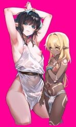 2boys absurdres androgynous armpits arms_up black_hair blonde_hair blue_eyes body_markings bracelet bulge cropped_legs cute_male dark-skinned_femboy dark-skinned_male dark_skin dress elf elf_ears elf_femboy elf_male erect_nipples erection erection_under_clothes facial_mark femboy feminine_male fundoshi hair_intakes highres japanese_clothes jewelry long_hair looking_at_viewer male male_only multiple_boys navel necklace nipples original otoko_no_ko parted_lips pink_background pointy_ears puffy_chest sash see-through shirou sidelocks simple_background thighs trap yellow_eyes
