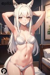 ai_generated animal_ear_fluff animal_ears arknights armpits arms_behind_head arms_up bangs blush bow bow_panties bra breasts closed_mouth collarbone cowboy_shot female horse_ears horse_girl horse_tail indoors long_hair looking_at_viewer medium_breasts navel panties pikkiwynn platinum_(arknights) smile solo standing stomach tail thighs underwear underwear_only white_bra white_hair white_panties yellow_eyes