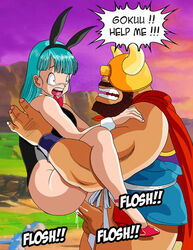 1girls bowtie bulma bulma_(bunny) bulma_briefs bunny_costume bunny_ears bunnysuit detached_collar dragon_ball female gyuumaou_(dragon_ball) high_heels male ox_king super_melons tagme teenager wrist_cuffs