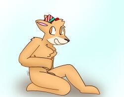 anthro bulge chest_tuft clothing colored fur hair hat hat_only headgear headgear_only headwear headwear_only hindpaw kandy_kangaroo kandyland kangaroo kneeling long_ears macropod male mammal marsupial martydraws mostly_nude nude open_mouth orange_eyes paws sitting solo stripes tuft