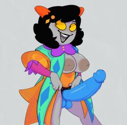 1girls big_breasts black_hair blue_dildo dildo female_focus female_only grey_body grey_skin homestuck horns ms_paint_adventures nipples sex_toy solidus strap-on talald_hieron thick_thighs vast_error yellow_sclera