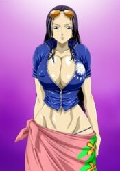 belly_button black_eyes black_hair blue_jacket boob_window cleavage cleavage_overflow fair-skinned_female fair_skin female female_only fit_female huge_breasts image_set long_hair long_skirt nel-zel_formula nico_robin nipple_bulge nipples_visible_through_clothing one_piece open_jacket orange_sunglasses post-timeskip sunglasses sunglasses_on_forehead sunglasses_on_head tall tall_female thong thong_straps