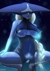 1girls big_breasts blue_body blue_skin braid eyes_covered glowing glowing_genitalia helmet league_of_legends lingerie lissandra long_hair nagai_arts nipples riot_games solo solo_female squatting transparent_clothing white_hair