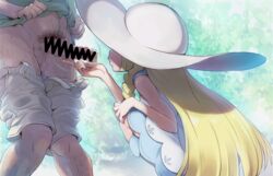 1boy 1girls bare_shoulders blonde_hair blowing boots braid censored clothed clothed_sex covered_eyes dress e_keroron erection female hairy_legs hat human knees_together lillie_(pokemon) long_hair male male_pubic_hair mosaic_censoring nintendo open_clothes open_shirt pants_down penis penis_awe penis_poke pokemon pokemon_sm pubic_hair shirt shorts shorts_pull sleeveless sleeveless_dress squatting standing straight sun_hat sweat teasing trembling trembling_penis unzipped