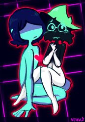 2boys cute deltarune embarrassed_nude_male gay heart kris_(deltarune) naked nekuzx no_visible_genitalia nude nude_male ralsei sitting sitting_on_lap skinny