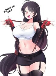 1girls black_hair breasts crop_top female final_fantasy final_fantasy_vii jarckius light-skinned light-skinned_female long_hair navel one_eye_closed open_mouth red_eyes solo solo_female standing suspenders thighhighs tifa_lockhart white_background