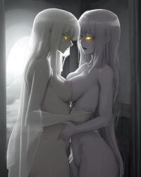 2girls ai_generated breasts breasts_touching fog foggy foggy_background ghost ghost_girl ghostly haunted_house long_hair monster_girl original_character original_characters siblings sisters twin_sisters twins white_hair yellow_eyes