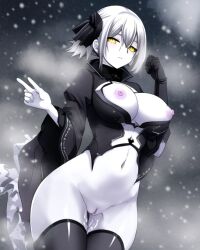 ai_generated black_ribbon fog foggy foggy_background ghost ghost_girl ghostly original_character pink_nipples short_hair short_hair_female snow snowing white_hair winter yellow_eyes