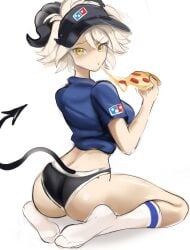 1girls ass booty_shorts breasts domino's_pizza eating_food golden_eyes horns looking_at_viewer looking_back oni_horns original pizza pointy_ears rakeemspoon susan_(rakeemspoon) tail uniform