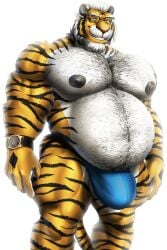 anthro asyr big_bulge body_hair bulge chest_hair clock countershading dream_and_nightmare eyewear felid glasses grin hairy happy_trail hi_res huge_bulge male mammal musclegut nipples pantherine smile solo tiger watch