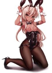 animal_ears antenna_hair arms_up bow bowtie breasts brown_eyes bunny_ears bunnysuit closed_mouth dark-skinned_female dark_skin detached_collar fake_animal_ears female fishnet_pantyhose fishnets full_body hairband harigane_shinshi high_heels highres kneeling leotard leotard_pull light_brown_hair long_hair looking_at_viewer low-tied_long_hair nipples pantyhose pointy_ears sansei_muramasa simple_background small_breasts smile solo soukou_akki_muramasa white_background wrist_cuffs