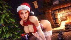 ass assumi big_breasts big_butt breasts christmas christmas_tree cleavage fire fishnet_armwear fishnet_legwear fishnets noname55 red_hair white_skin wolf young