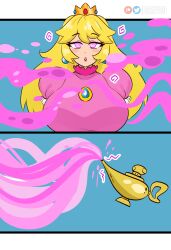 1girls alternate_breast_size big_breasts blonde_hair breasts busty crown curvaceous curvy curvy_body curvy_female curvy_figure drevod female genie_lamp huge_breasts hypnosis hypnotic_eyes hypnotized large_breasts mario_(series) princess princess_peach voluptuous